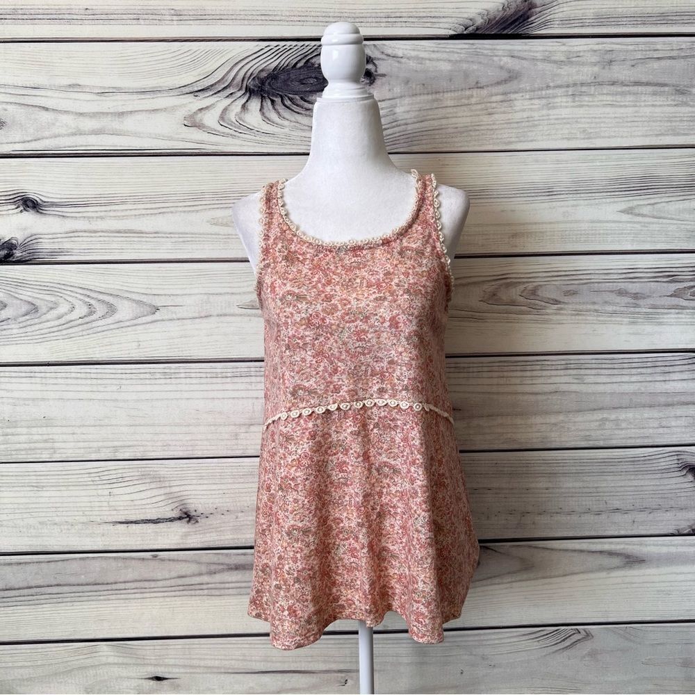 LC Lauren Conrad Cream & Pink Floral Eyelet Trim Tank Top